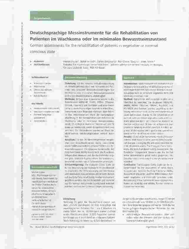 Vorschauseite 1: Deutschsprachige Messinstrumente für die Rehabilitation von Patienten im Wachkoma oder im minimalen Bewusstseinszustand