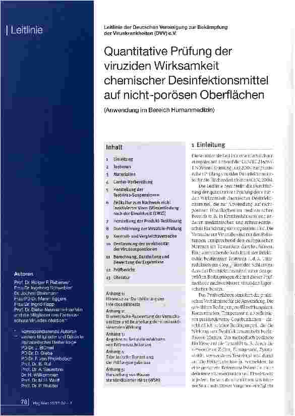 Vorschauseite 1: Quantitative Prüfung der viruziden Wirksamkeit chemischer Desinfektionsmittel auf nicht-porösen Oberflächen