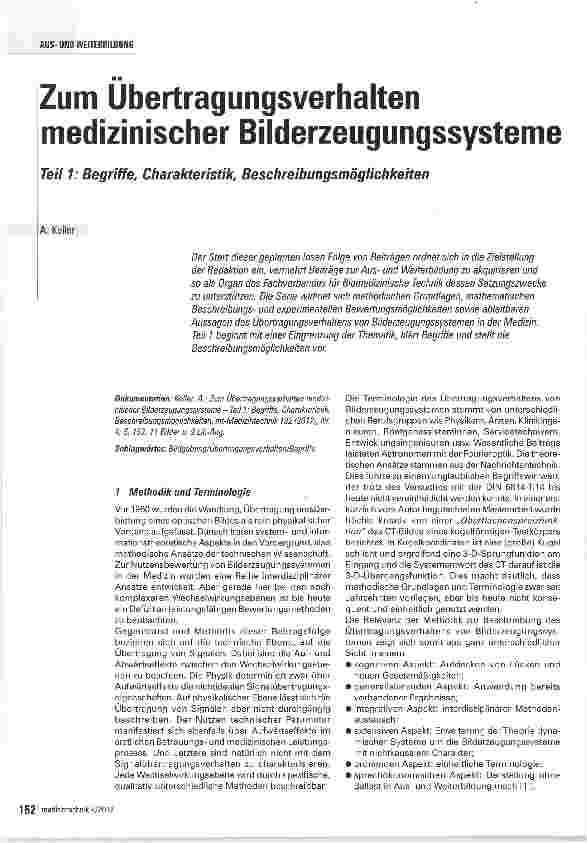 Vorschauseite 1: Zum Ubertragungsverhalten medizinischer Bilderzeugungssysteme Teil 1: Begriffe, Charakteristik, Beschreibungsmöglichkeiten