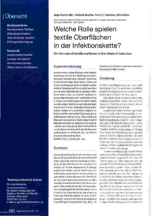 Vorschauseite 1: Welche Rolle spielen textile Oberflächen in der Infektionskette?