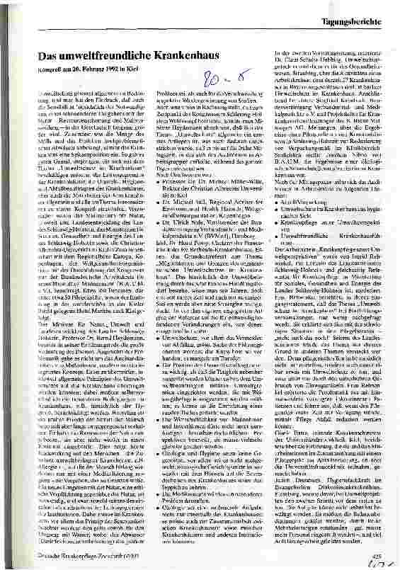 Vorschauseite 1: Das umweltfreundliche Krankenhaus Kongreß am 20. Februar 1992 in Kiel
