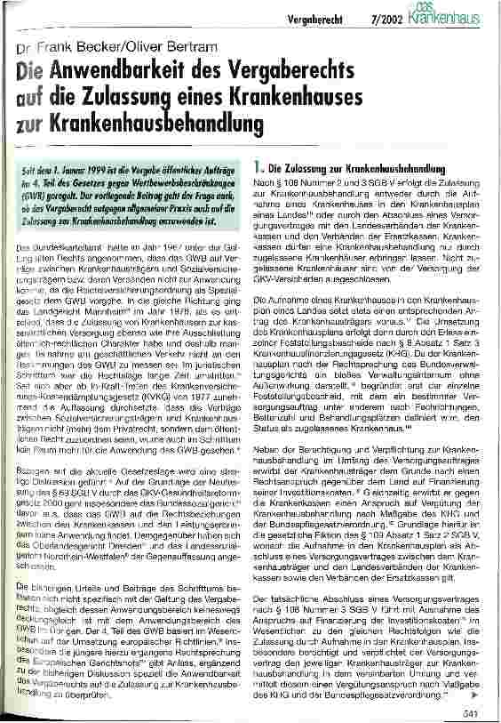 Vorschauseite 1: Die Anwendbarkeit des Vergaberechts auf die Zulassung eines Krankenhauses zur Krankenhausbehandlung