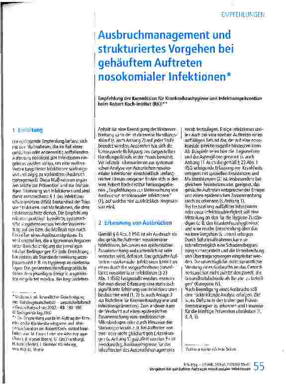 Vorschauseite 1: Ausbruchmanagement und strukturiertes Vorgehen bei gehäuftem Auftreten nosokomialer Infektionen