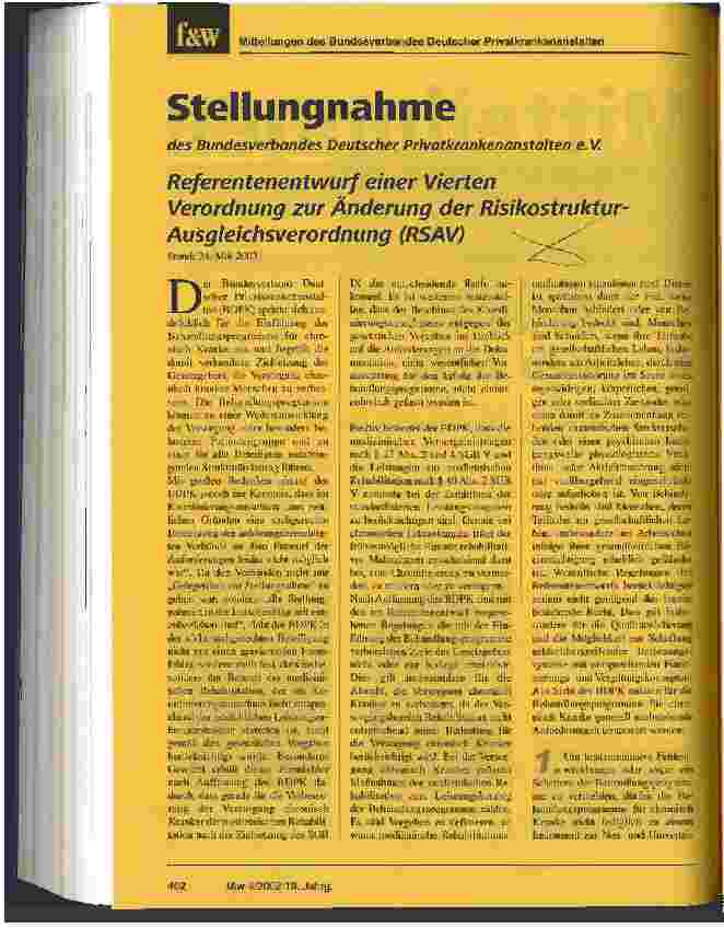Vorschauseite 1: Stellungnahme des Bundesverbandes Deutscher Privatkrankenanstalten e.V. Referentenentwurf einer Vierten Verordnung zur Änderung der Risikostruktur-Ausgleichsverordnung (RSAV)