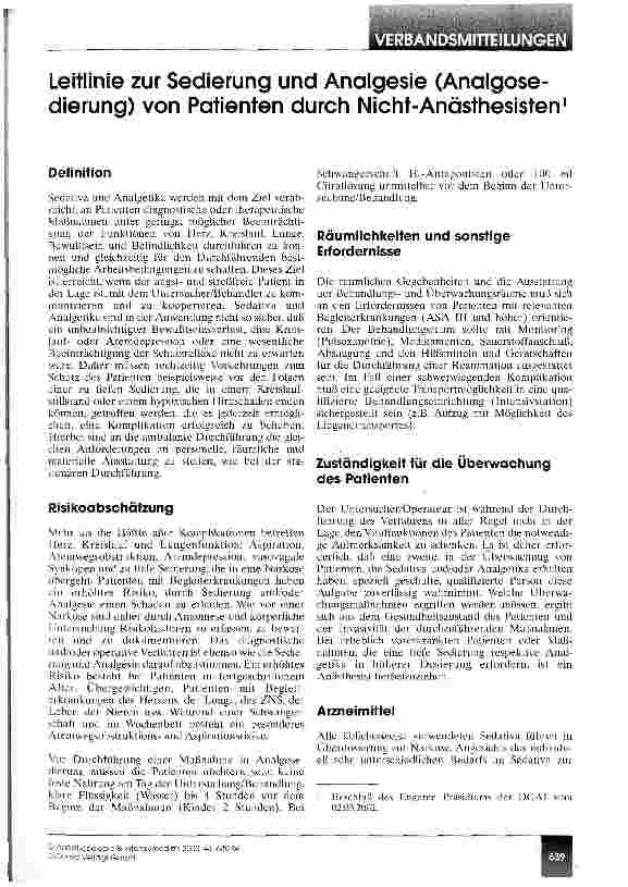 Vorschauseite 1: Leitlinie zur Sedierung und Analgesie (Analgosedierung) von Patienten durch Nicht-Anästhesisten