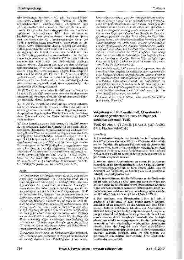 Vorschauseite 1: Vergütung von Rufbereitschaft, Überstunden und nicht gewährten Pausen bei Wechselschichtarbeit nach TVöD