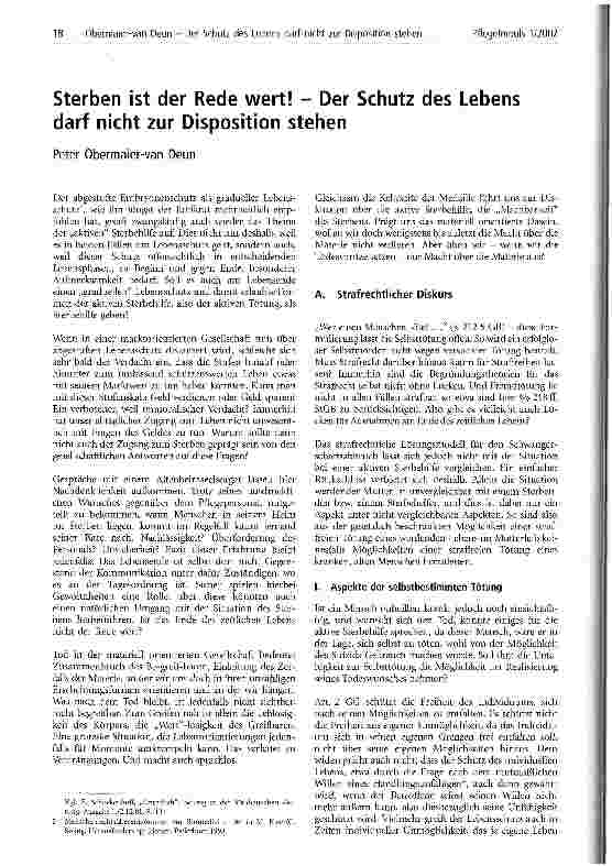 Vorschauseite 1: Sterben ist der Rede wert! Der Schutz des Lebens darf nicht zur Disposition stehen