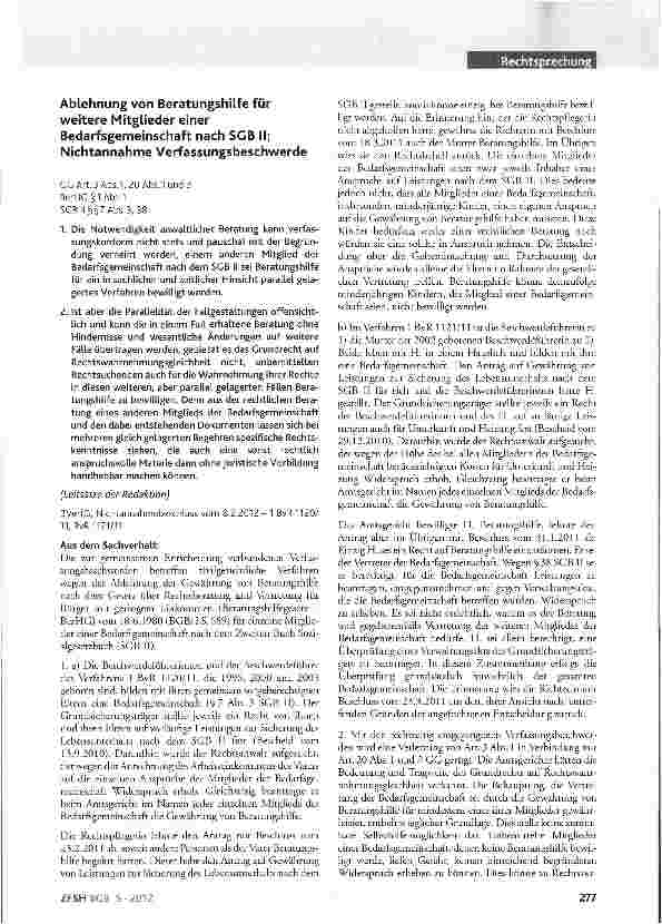 Vorschauseite 1: Ablehnung von Beratungshilfe für weitere Mitglieder einer Bedarfsgemeinschaft nach SCB II; Nichtannahme Verfassungsbeschwerde