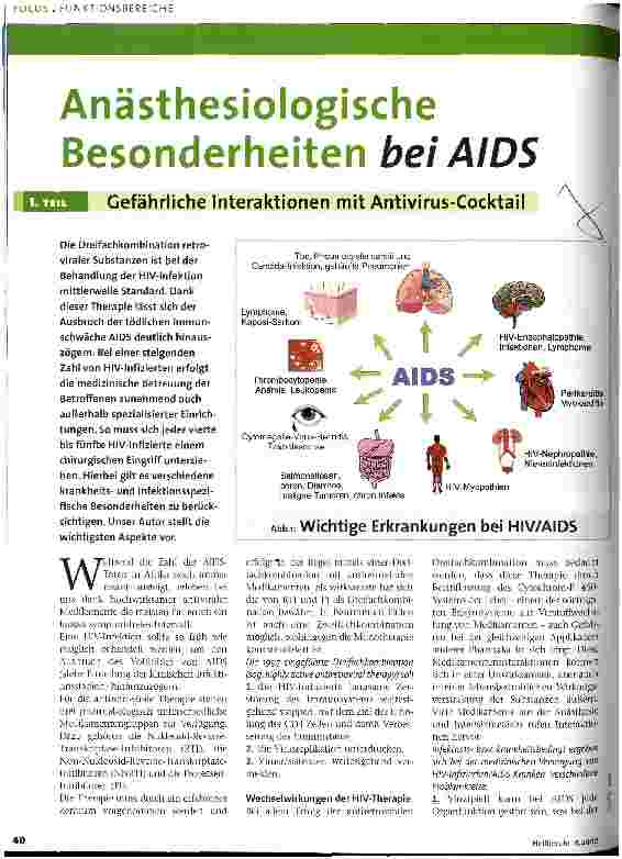 Vorschauseite 1: Anästhesiologische Besonderheiten bei AIDS 1. Teil, Gefährliche Interaktionen mit Antivirus-Cocktails