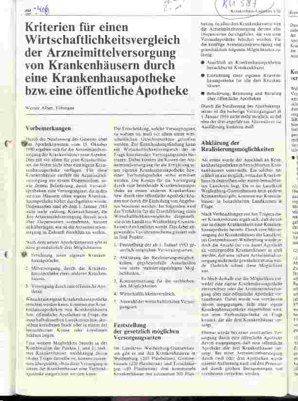 Vorschauseite 1: Kriterien für einen Wirtschaftlichkeitsvgl. der Arzneimittelversorgung von Krankenhäusern d. eine Krankenhausapotheke bzw.eine öftl. Apotheke