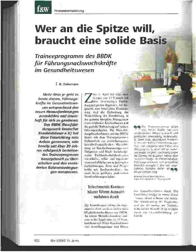 Vorschauseite 1: Wer an die Spitze will, braucht eine solide Basis Traineeprogramm des BBDK für Führungsnachwuchskräfte im Gesundheitswesen