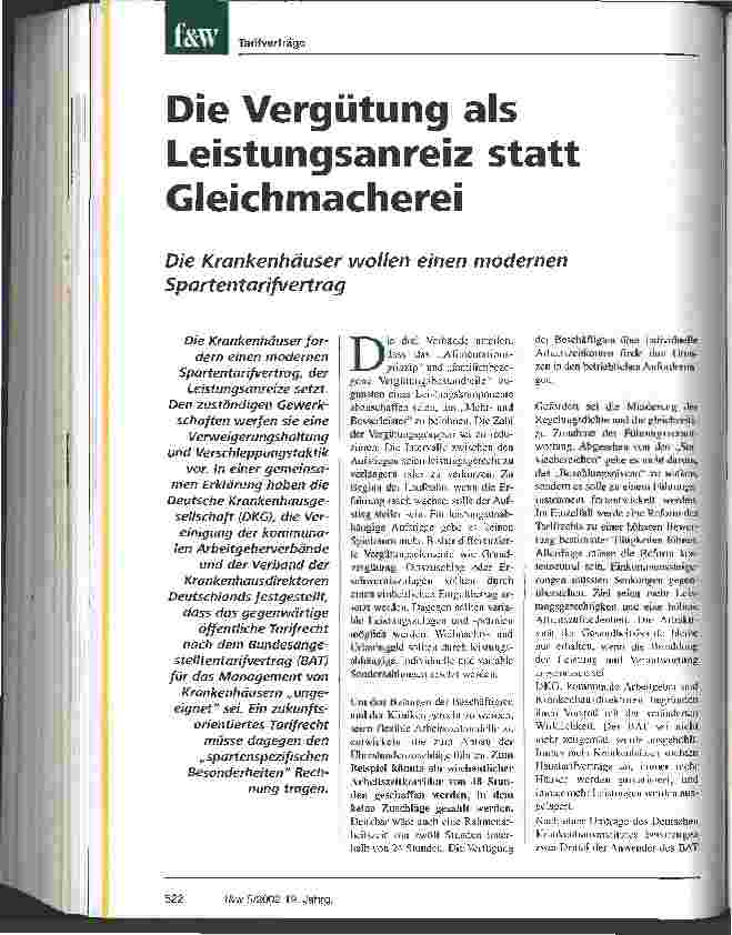 Vorschauseite 1: Die Vergütung als Leistungsanreiz statt Gleichmacherei Die Krankenhäuser wollen einen modernen Spartarifvertrag