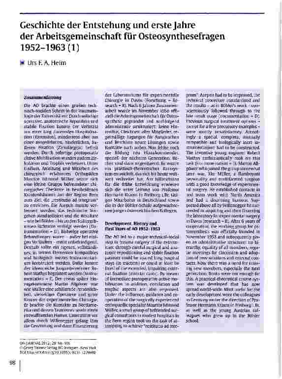 Vorschauseite 1: Geschichte der Entstehung und erste Jahre der Arbeitsgemeinschaft für Osteosynthesefragen 1952-1963(1)