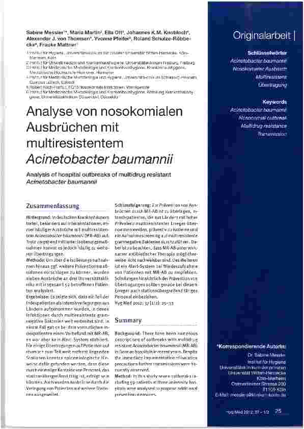 Vorschauseite 1: Analyse von nosokomialen Ausbrüchen mit multiresistentem Acinetobacter baumannii