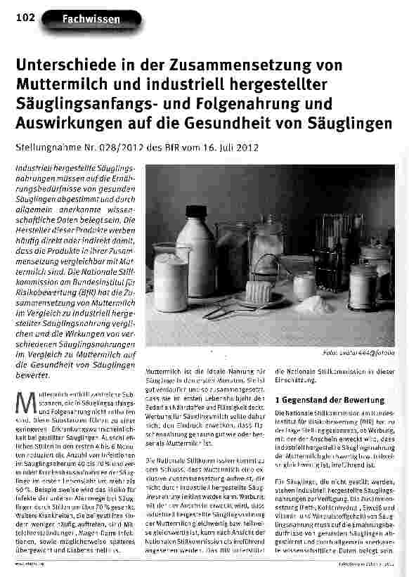 Vorschauseite 1: Unterschiede in der Zusammensetzung von Muttermilch und industriell hergestellter Säuglingsanfangsund Folgenahrung und Auswirkungen auf die Gesundheit von Säuglingen