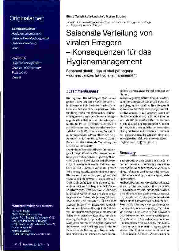 Vorschauseite 1: Saisonale Verteilung von viralen Erregern Konsequenzen für das Hygienemanagement