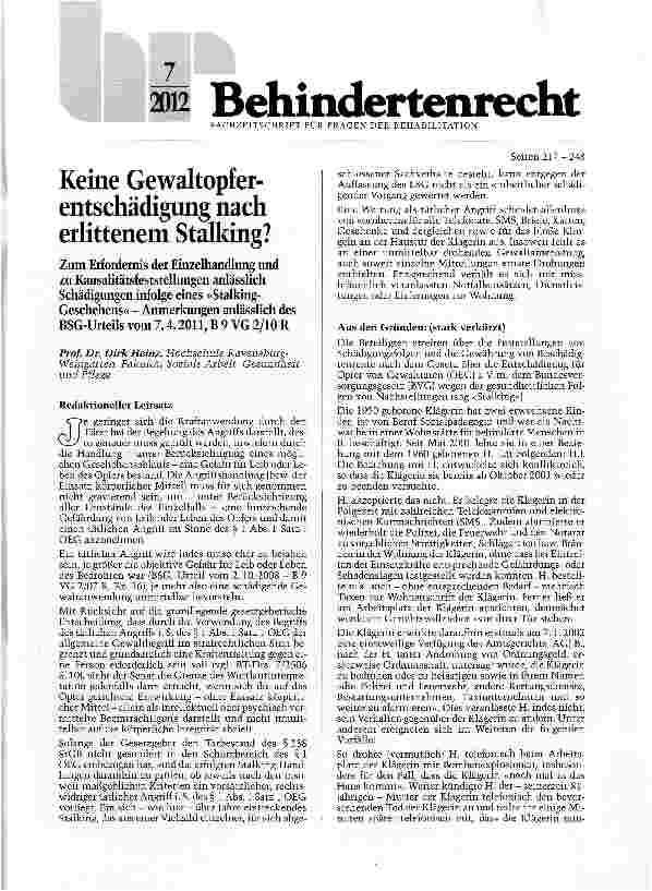 Vorschauseite 1: Keine Gewaltopferentschädigung nach erlittenem Stalking?
