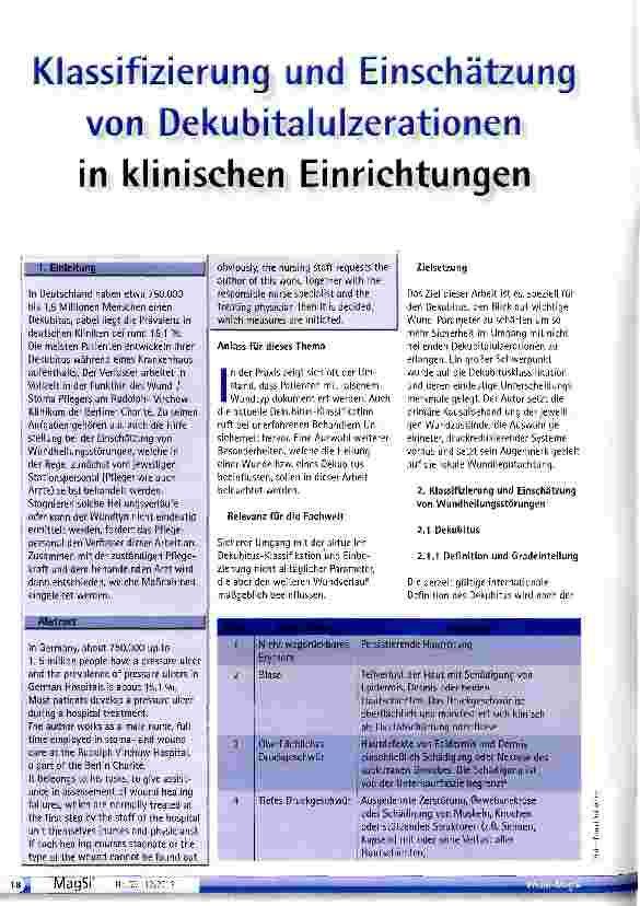 Vorschauseite 1: Klassifizierung und Einschätzung von Dekubitalulzerationen in klinischen Einrichtunqen