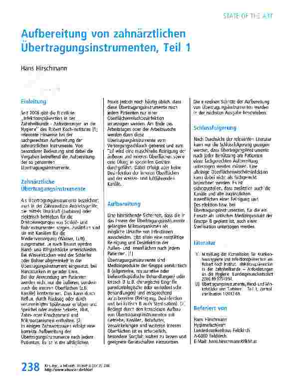 Vorschauseite 1: Aufbereitung von zahnärztlichen Ubertragungsinstrumenten, Teil 1