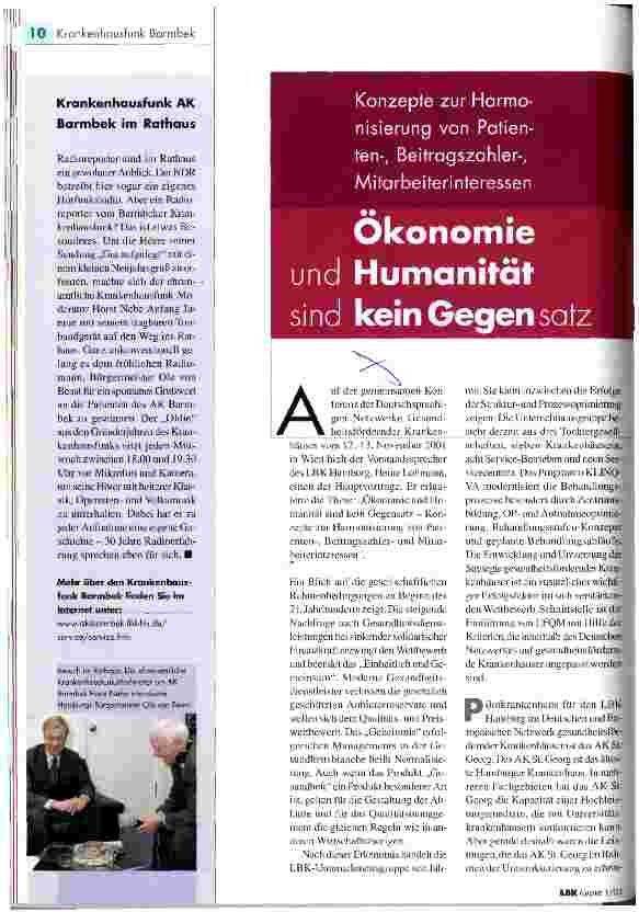 Vorschauseite 1: Ökonomie und Humanität sind kein Gegensatz Konzepte zur Harmonisierung von Patienten-, Beitragszahler-, Mitarbeiterinteressen