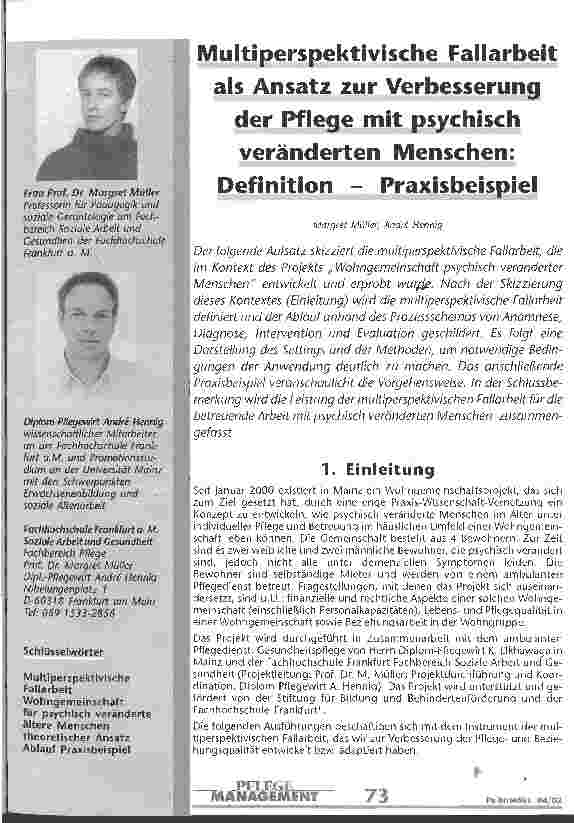 Vorschauseite 1: Multiperspektivische Fallarbeit als Ansatz zur Verbesserung der Pflege mit psychisch veränderten Menschen: Defintion - Praxisbeispiel