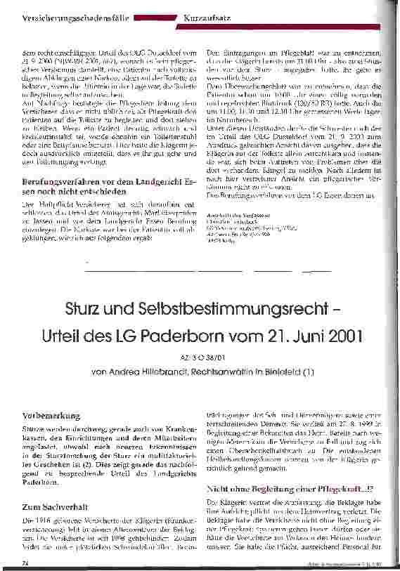Vorschauseite 1: Sturz und Selbstbestimmungsrecht - Urteil des LG Paderborn vom 21. Juni 2001