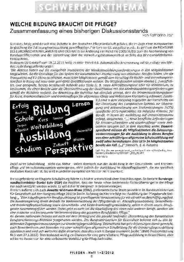Vorschauseite 1: WELCHE BILDUNG BRAUCHT DIE PFLEGE? Zusammenfassung eines bisherigen Diskussionsstands