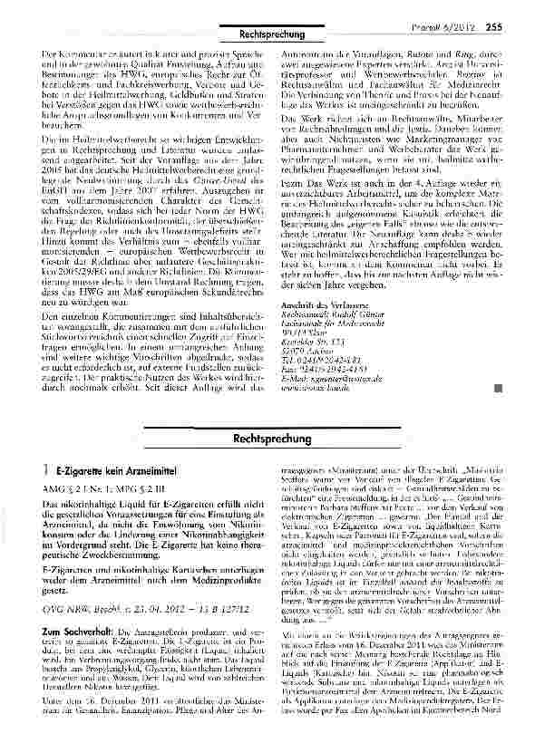 Vorschauseite 1: E Zigarette kein Arzneimittel AMG § 2 I Nr. 1; MPG § 2 III