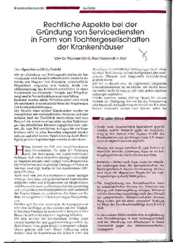 Vorschauseite 1: Rechtliche Aspekte bei der Gründung von Servicediensten in Form von Tochtergesellschaften der Krankenhäuser