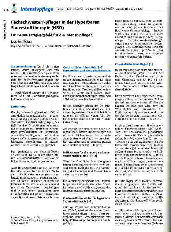 Vorschauseite 1: Fachschwester/-pfleger in der Hyperbaren Sauerstofftherapie (HBO) Ein neues Tätigkeitsfeld für die Intensivpflege?