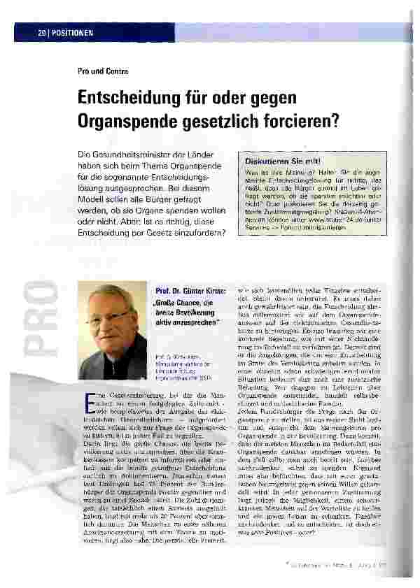 Vorschauseite 1: Entscheidung für oder gegen Organspende gesetzlich forcieren?