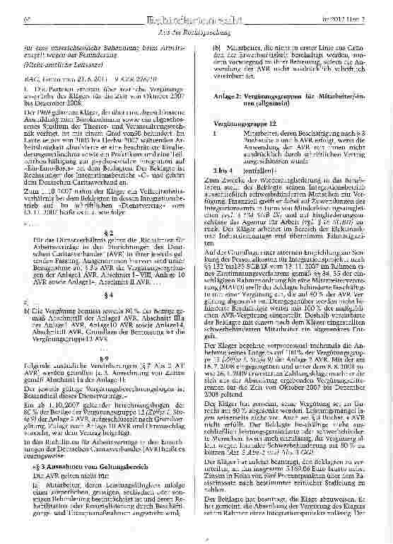 Vorschauseite 2: SGB IX §§ 81 Abs. 2, 132 ff. ; AGG §§ 1, 3, 6, 7, 8; AVR (Richtlinien für Arbeitsverträge in den Einrichtungen des Deutschen Caritasverbands) Vergütungsabrede - Kürzung des Arbeit…