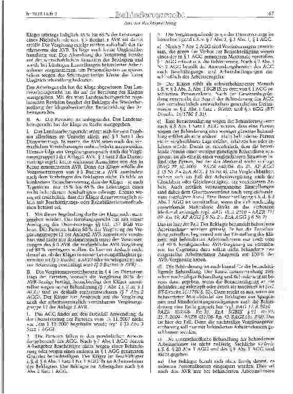 Vorschauseite 3: SGB IX §§ 81 Abs. 2, 132 ff. ; AGG §§ 1, 3, 6, 7, 8; AVR (Richtlinien für Arbeitsverträge in den Einrichtungen des Deutschen Caritasverbands) Vergütungsabrede - Kürzung des Arbeit…
