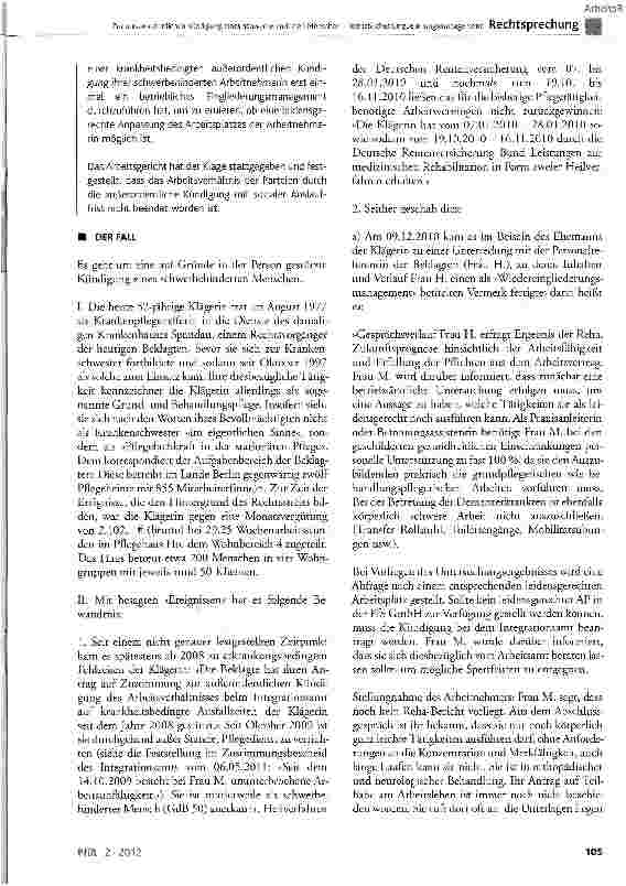 Vorschauseite 2: Zur außerordentlichen Kündigung eines schwerbehinderten Menschen - betriebliches Eingliederungsmanagement