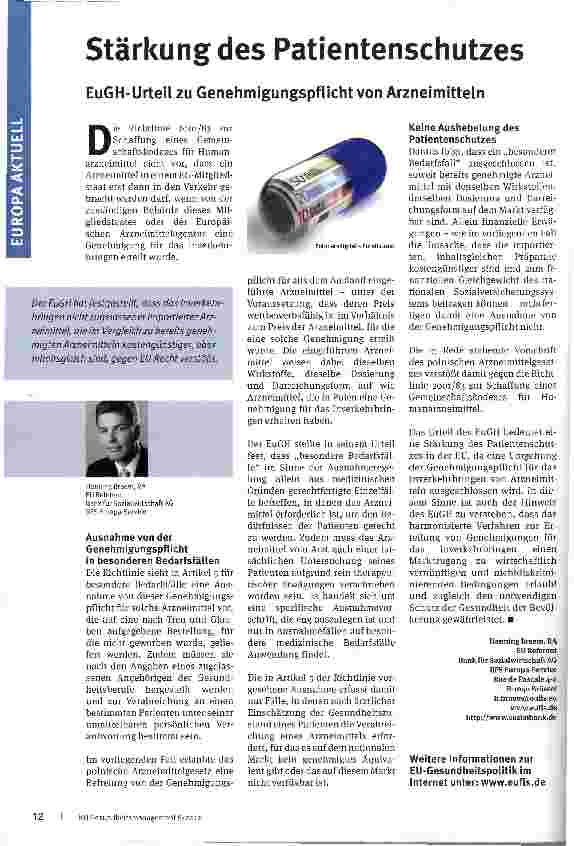 Vorschauseite 1: Stärkung des PatientenschutzesEuGH-Urteil zu Genehmigungspflicht von Arzneimitteln
