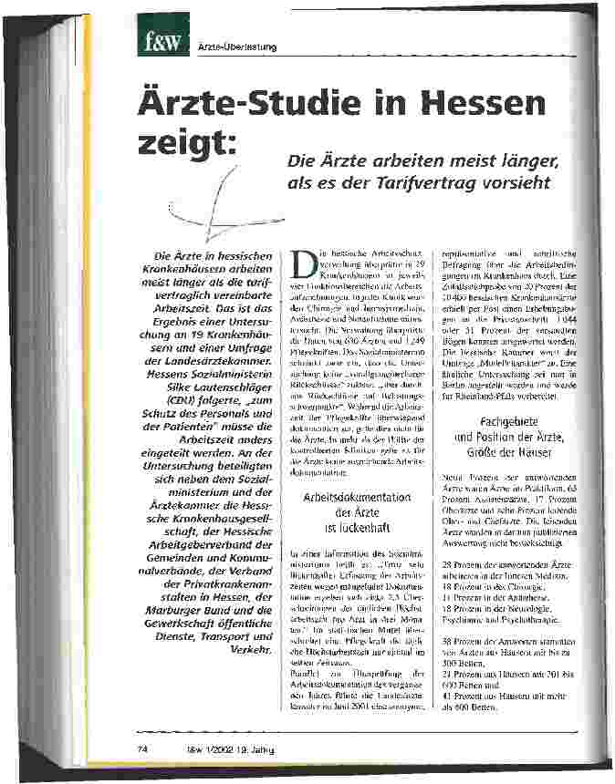 Vorschauseite 1: Ärzte-Studie in Hessen zeigt: die Ärzte arbeiten meist länger, als es der Tarifvertrag vorsieht