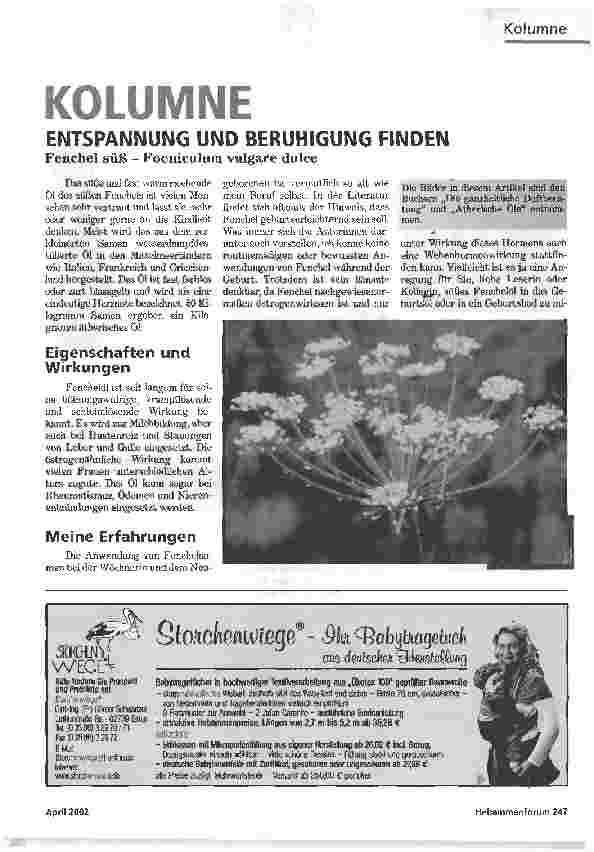 Vorschauseite 1: KOLUMNEENTSPANNUNG UND BERUHIGUNG FINDENFenchel süß - Foeniculum vulgäre dulce