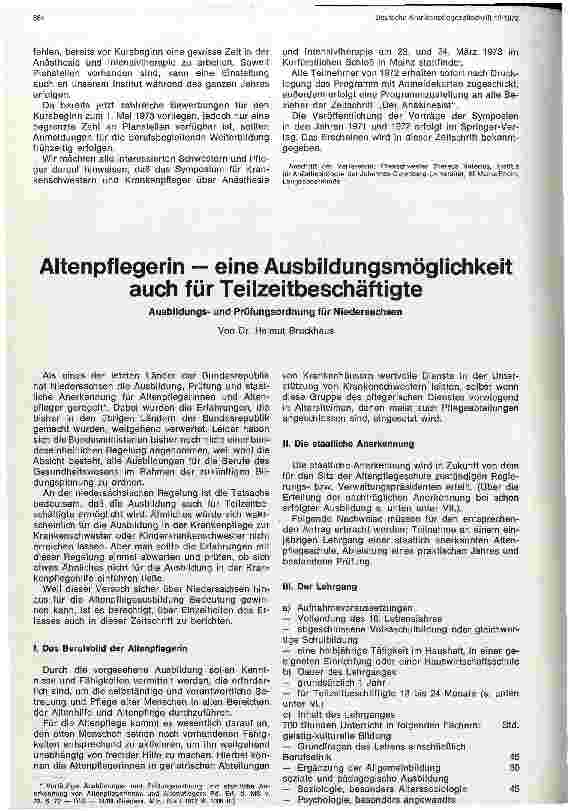 Vorschauseite 1: Altenpflegerineine Ausbildungsmöglichkeit auch für Teilzeitbeschäftigte