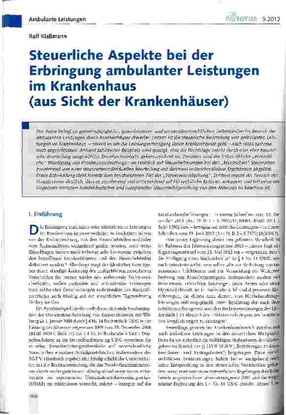 Vorschauseite 1: Steuerliche Aspekte bei der Erbringung ambulanter Leistungen im Krankenhaus (aus Sicht der Krankenhäuser)