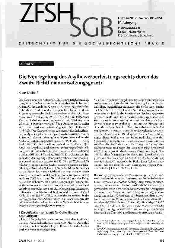 Vorschauseite 1: Die Neuregelung des Asylbewerberleistungsrechts durch das Zweite Richtlinienumsetzungsgesetz