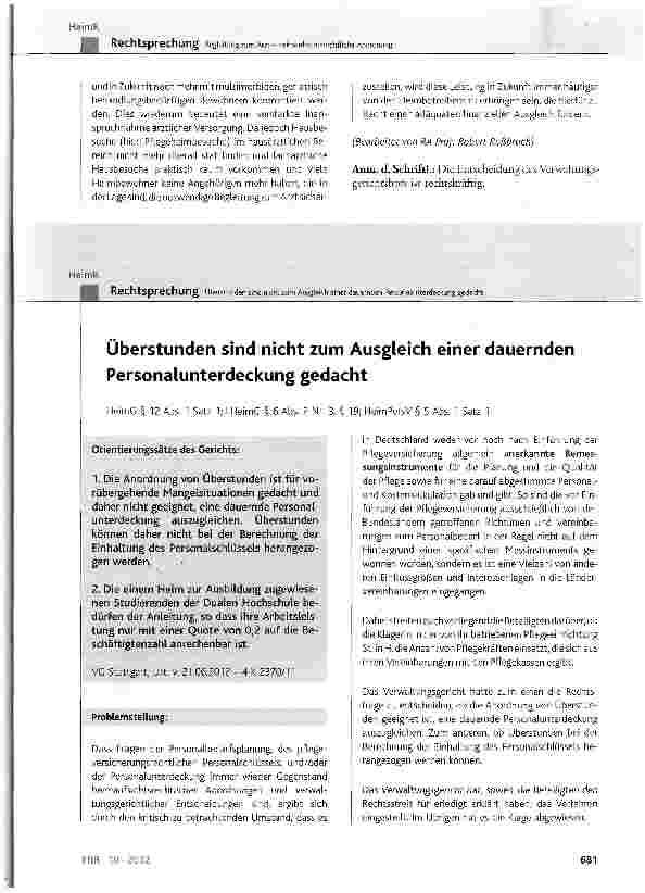 Vorschauseite 1: Überstunden sind nicht zum Ausgleich einer dauernden Personalunterdeckung gedacht