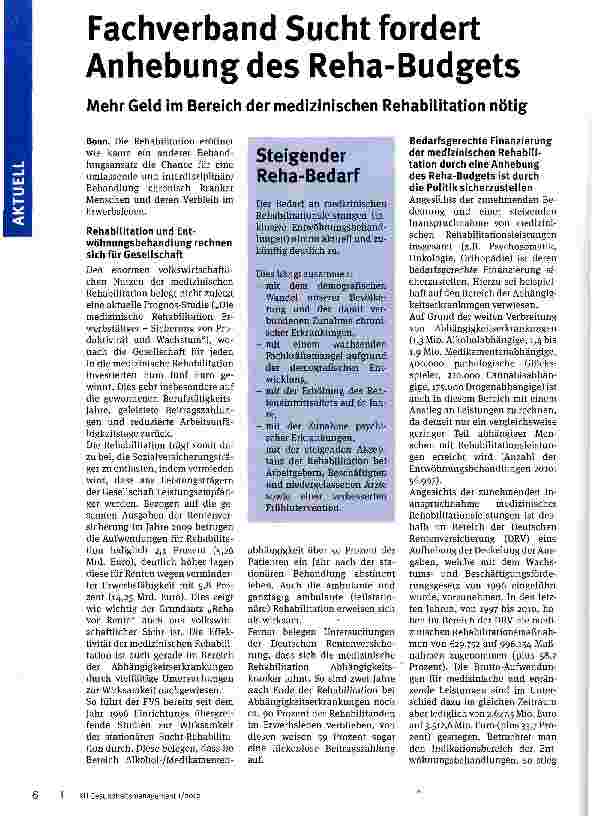 Vorschauseite 1: Fachverband Sucht fordert Anhebung des Reha-Budgets