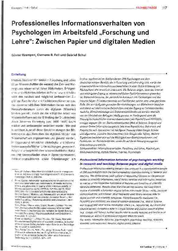 Vorschauseite 1: Professionelles Informationsverhalten von Psychologen im Arbeitsfeld „Forschung und Lehre: Zwischen Papier und digitalen Medien