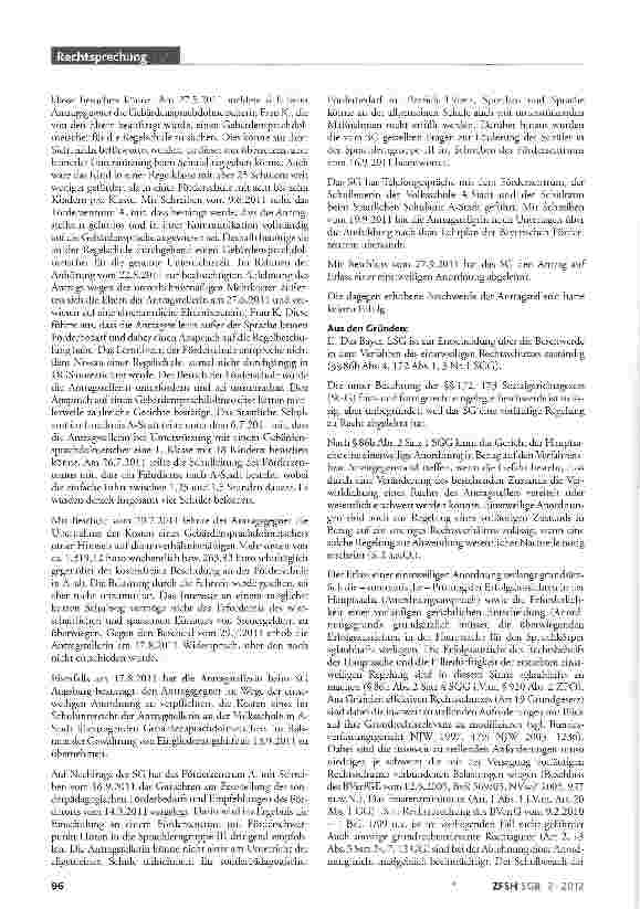Vorschauseite 2: Eingliederungshilfe in Form eines Gebärdendolmetschers; Förderschule; Glaubhaftmachung eines sozial-hilferechtlichen Eingliederungsbedarfs; Inklusive Schule; Schulauswahl durch El…
