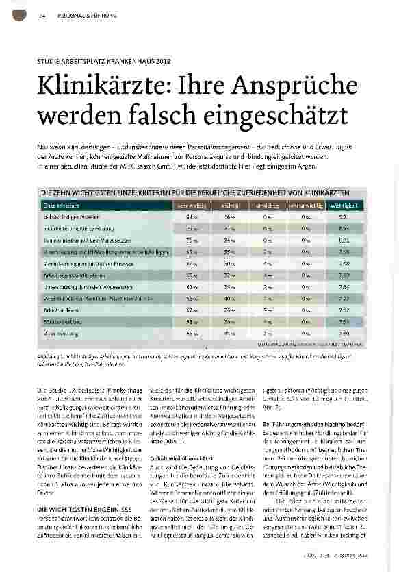 Vorschauseite 1: STUDIE ARBEITSPLATZ KRANKENHAUS 2012Klinikärzte: Ihre Ansprüche werden falsch eingeschätzt