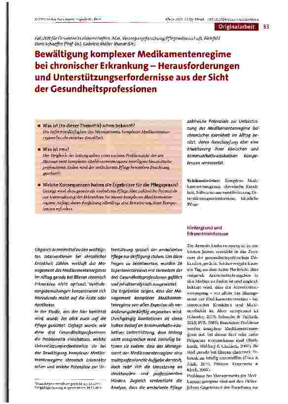 Vorschauseite 1: Bewältigung komplexer Medikamentenregime bei chronischer Erkrankung - Herausforderungen und Unterstützungserfordernisse aus der Sicht der Gesundheitsprofessionen