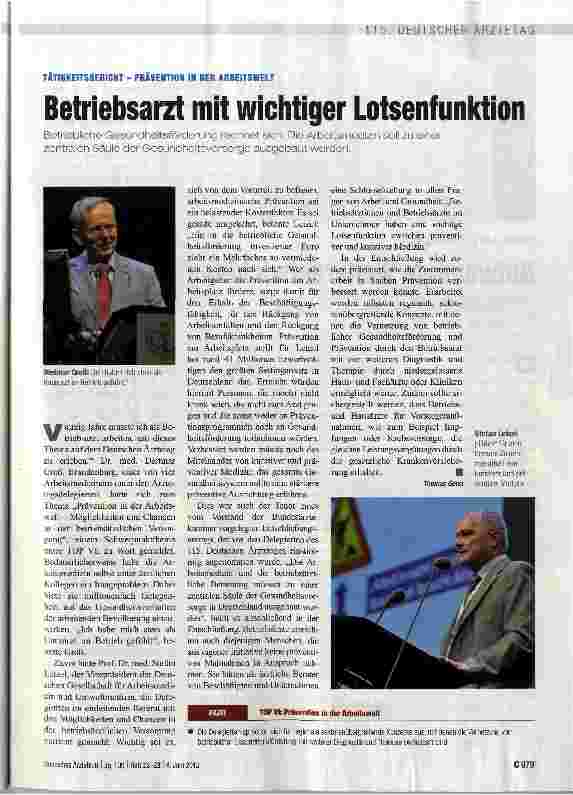 Vorschauseite 1: TÄTIGKEITSBERICHT - PRÄVENTION IN DER ARBEITSWELTBetriebsarzt mit wichtiger Lotsenfunktion