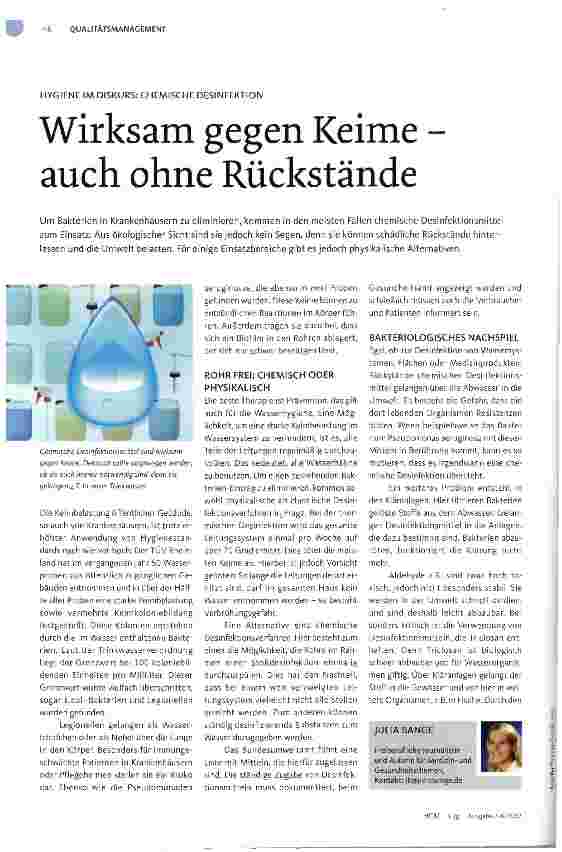 Vorschauseite 1: HYGIENE IM DISKURS: CHEMISCHE DESINFEKTIONWirksam gegen Keime auch ohne Rückstände