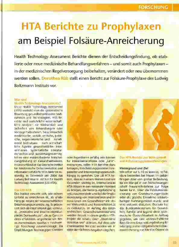 Vorschauseite 1: HTA Berichte zu Prophylaxen am Beispiel Folsäure-Anreicherung