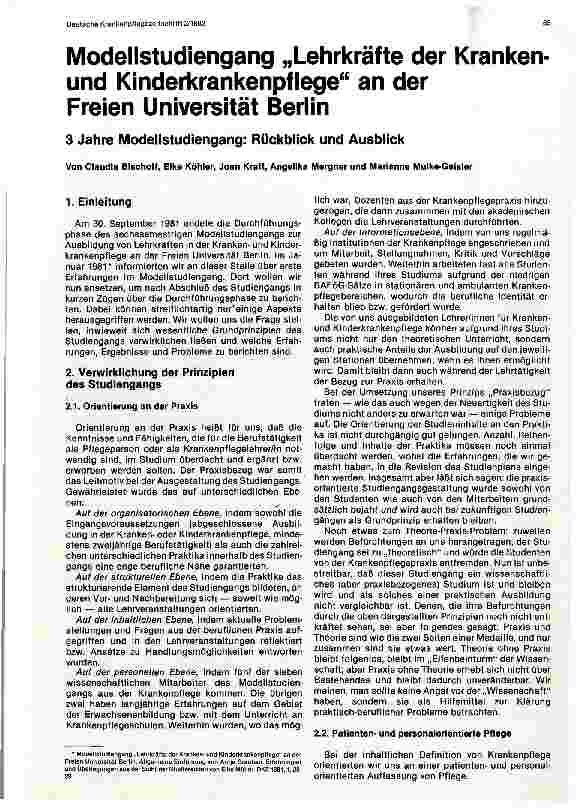 Vorschauseite 1: Modellstudiengang Lehrkräfte der Kranken u. Kinderkrankenpflege an der Uni Berlin // 3 Jahre Modellstudiengang: Rückblick und Ausblick